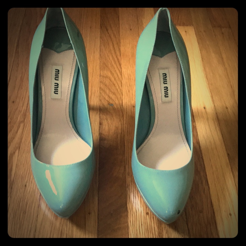 Miu Miu Platform Patent Leather Light Blue Heels